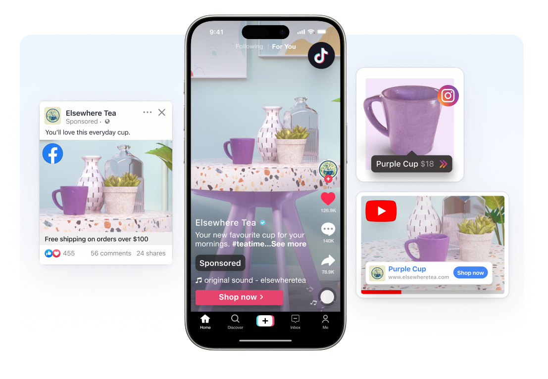 An abstract view window of the Shopify Admin. Overlayed over the left side of the window is a Facebook sponsored ad and a TikTok sponsored video, both featuring a purple cup for sale. Overlayed on the right side is a sponsored YouTube video and an Instagram post with a product tag, both promoting a purple cup.